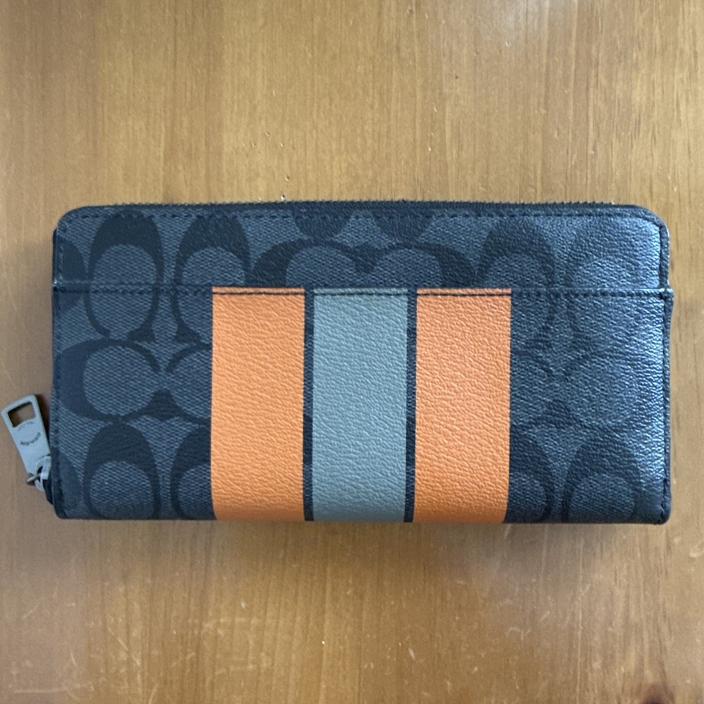 Coach Signature Accordion Zip Around Wallet Charcoal Orange Large Striped NWT